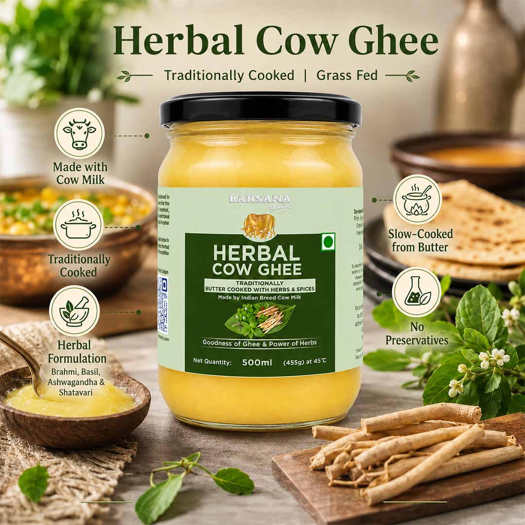 Barsana Magic and A 500ml jar of Harisans Herbal Cow Ghee centered on a rustic wooden table surrounded by ingredients like cinnamon, mint, and flatbread, with text callouts highlighting its traditional, grass-fed, and slow-cooked qualities.