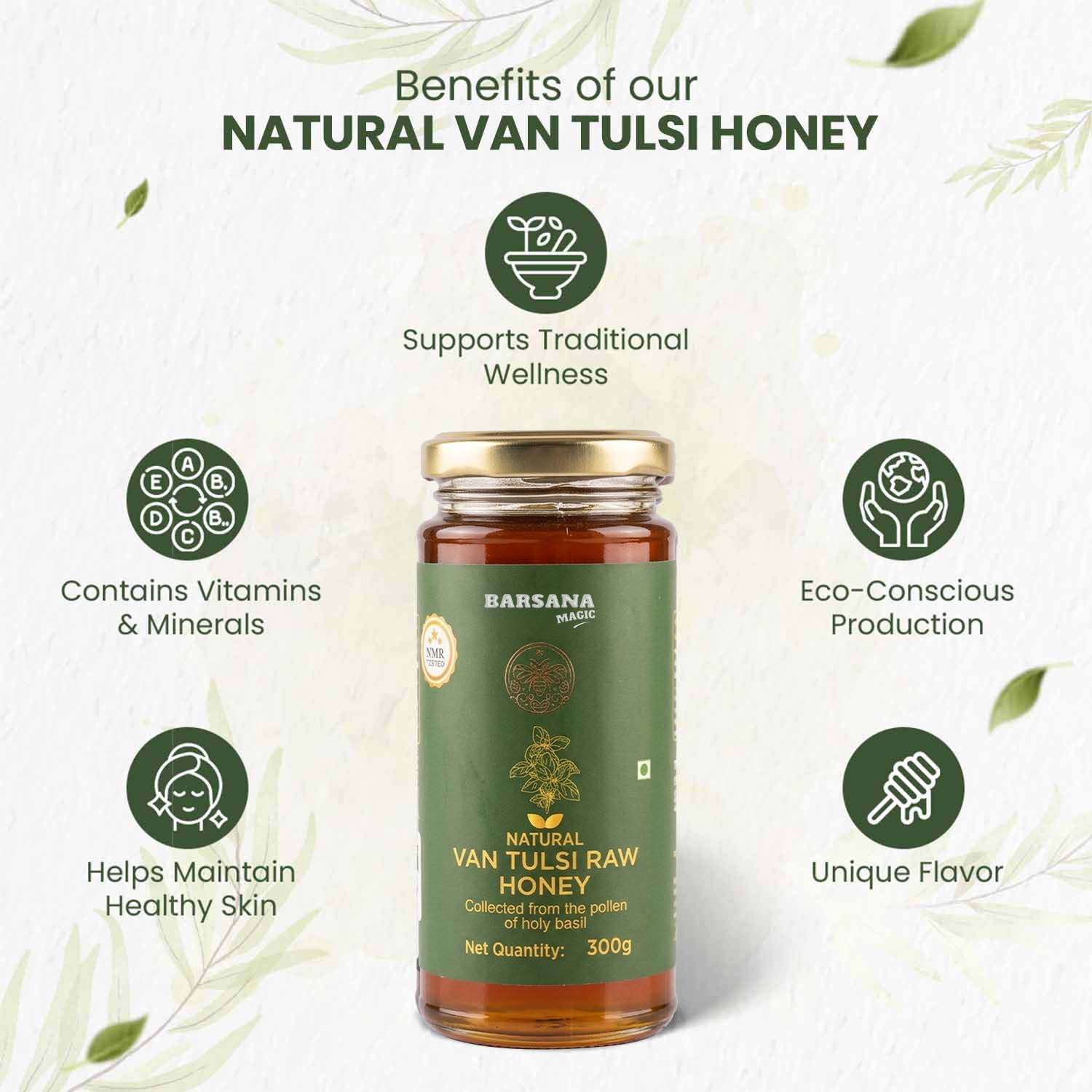 Barsana Magic and A jar of Barsana Natural Van Tulsi Raw Honey is centered on a light textured background with decorative leaves. The image includes marketing text and icons around the jar highlighting benefits such as traditional wellness, vitamins and minerals, healthy skin, eco-conscious production, and unique flavor.