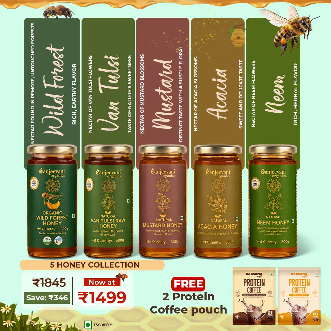 Barsana Magic and Collection of honey jars with labels and promotional text on a light green background