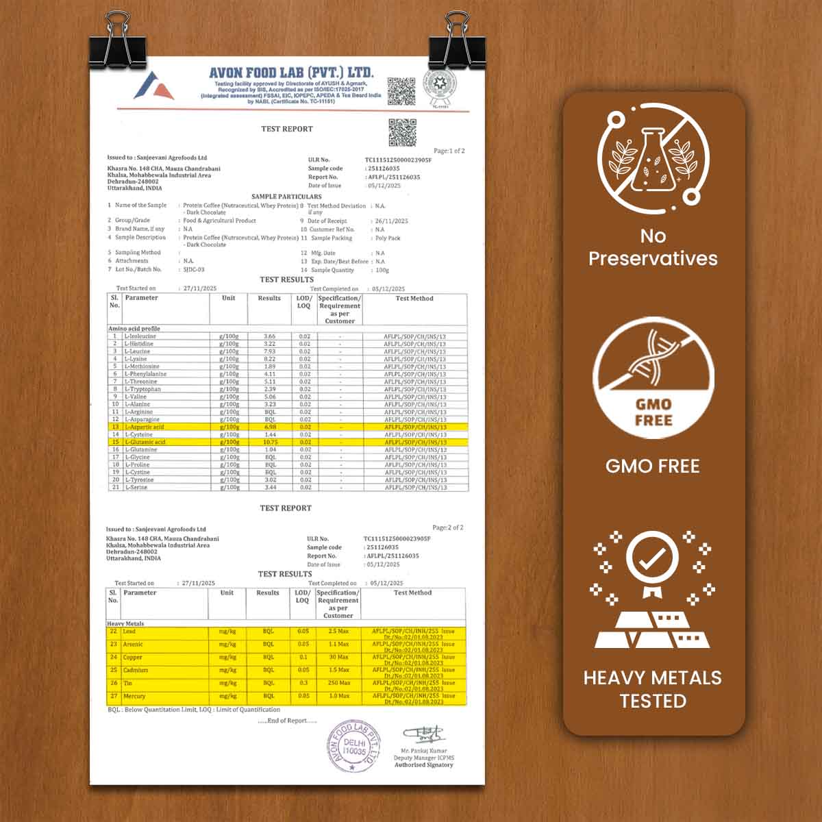 Barsana Magic and Test report on a wooden surface with a brown label indicating product safety features.