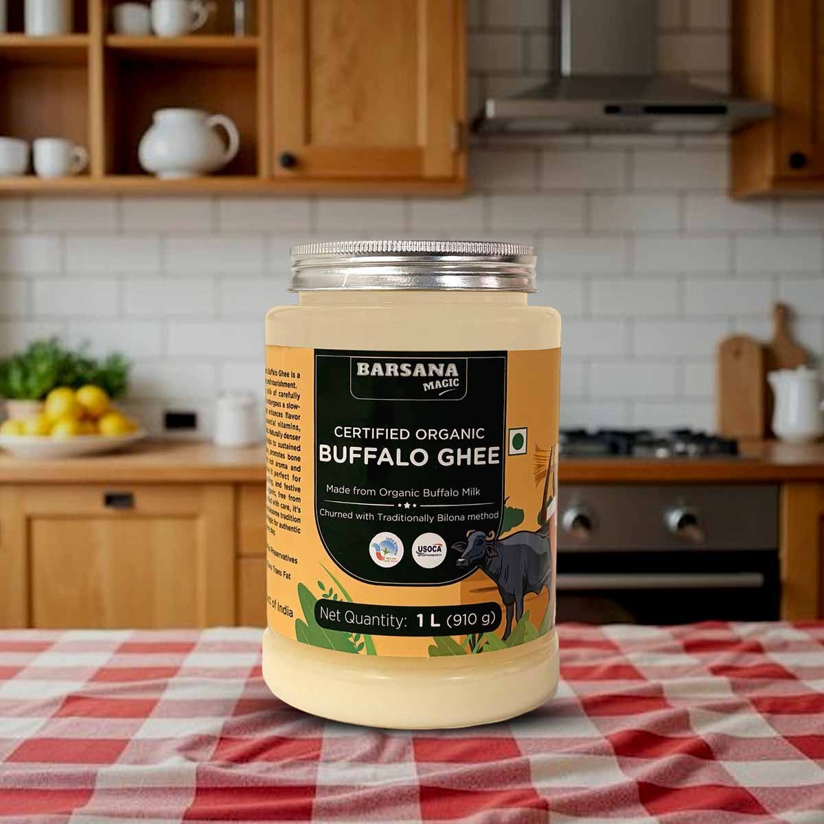 Barsana Magic and Jar of Barsana Certified Organic Buffalo Ghee on a kitchen counter