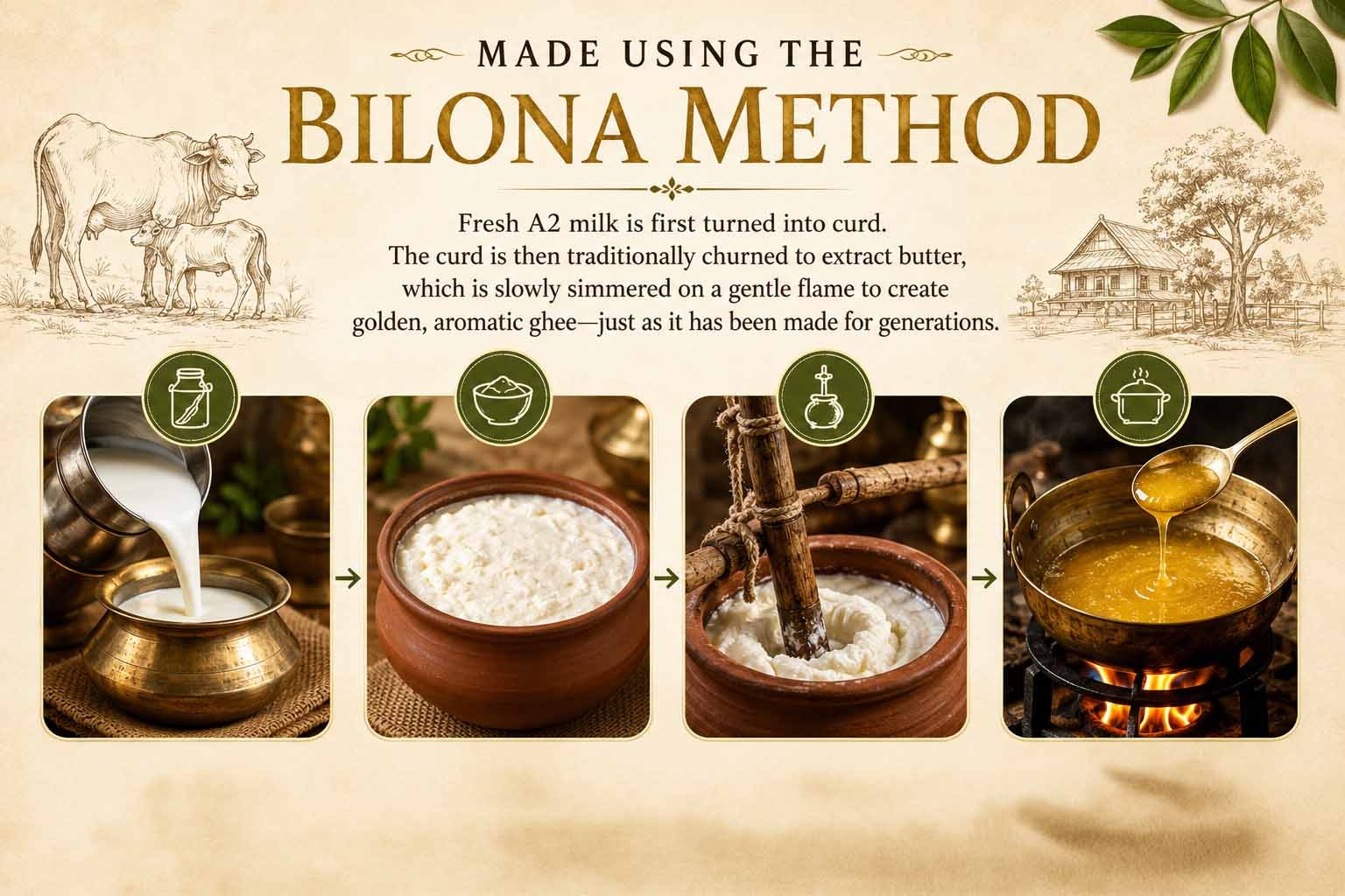 Barsana Magic and An informational graphic titled 'MADE USING THE BILONA METHOD' showing four steps of traditional butter and ghee preparation with illustrations of cows, a village, and green circular icons. The panels show milk in a brass vessel, curds in a bowl, churned curds with a wooden stick, and golden yellow ghee being poured from a pot on a stove.