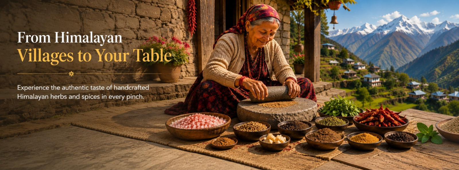Barsana Magic and A woman preparing food on a rustic wooden table in a mountain village setting, with bowls of ingredients, a stone grinder, and a scenic backdrop of snow-capped peaks. Text on the left reads 'From Himalayan Villages to Your Table'.