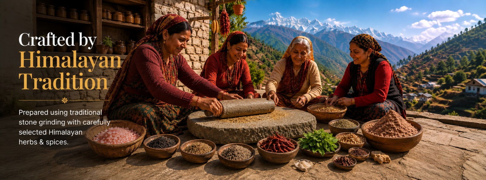 Barsana Magic and Four women sit around a large stone mill grinding spices outdoors, with bowls of ingredients and a mountain village landscape in the background. Text on the left reads 'Crafted by Himalayan Tradition.