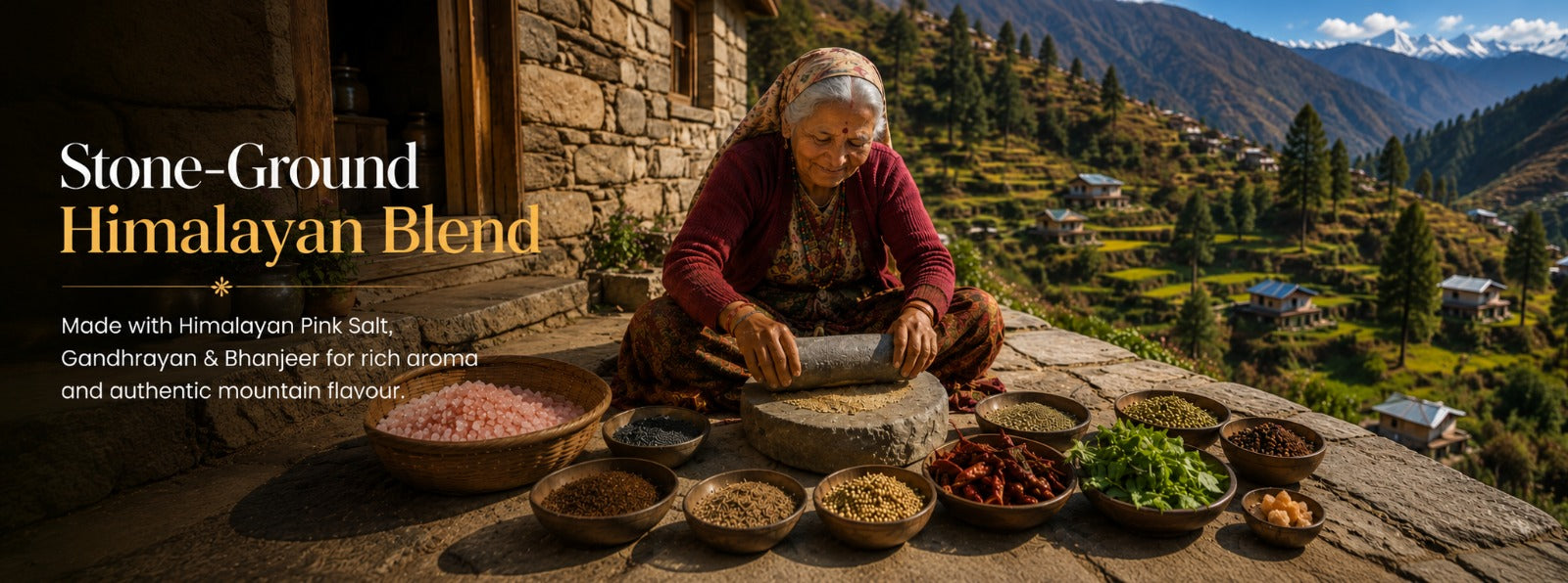 Barsana Bagic and A woman in a rustic mountain village setting grinds herbs or spices in a stone mortar and pestle, with bowls of ingredients arranged in front and a scenic valley and mountains in the background. Text on the left reads 'Stone-Ground Himalayan Blend'.