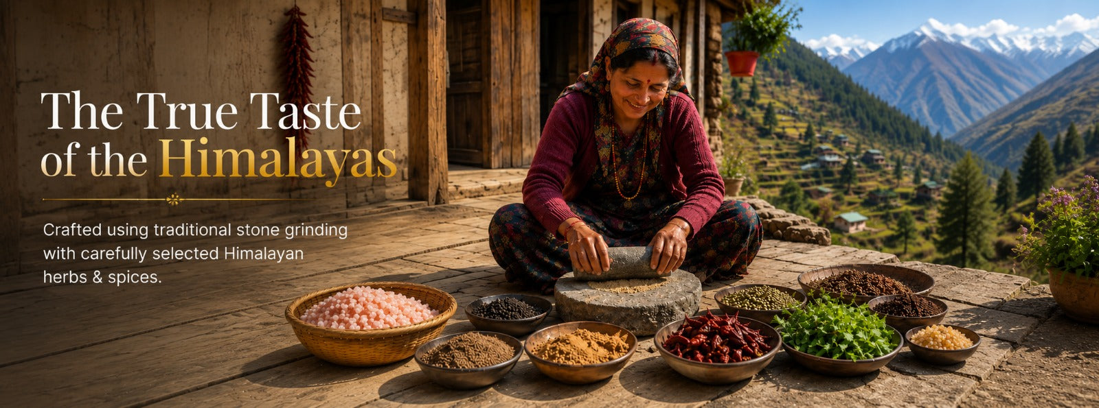 Barsana Magic and A woman sits on a rustic wooden porch in a mountain village, grinding herbs or spices with a stone pestle. Bowls of colorful ingredients are arranged in front of her, with snow-capped mountains and green valleys in the background.