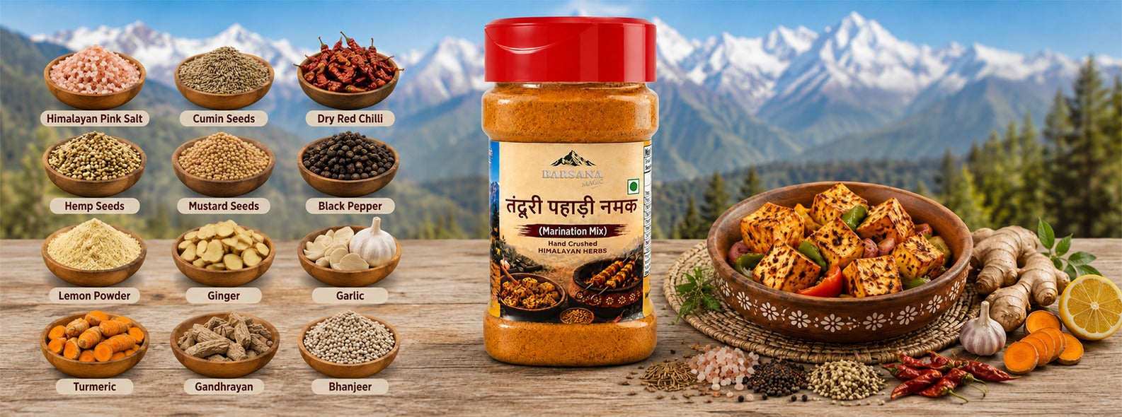 Barsana Magic and A jar of Indian red chili powder (Gundri Gachhi Masala) displayed on a wooden table with a scenic mountain background. The jar is flanked by ingredient ingredient callouts on the left and a bowl of prepared curry on the right, with various spices and garlic scattered around.