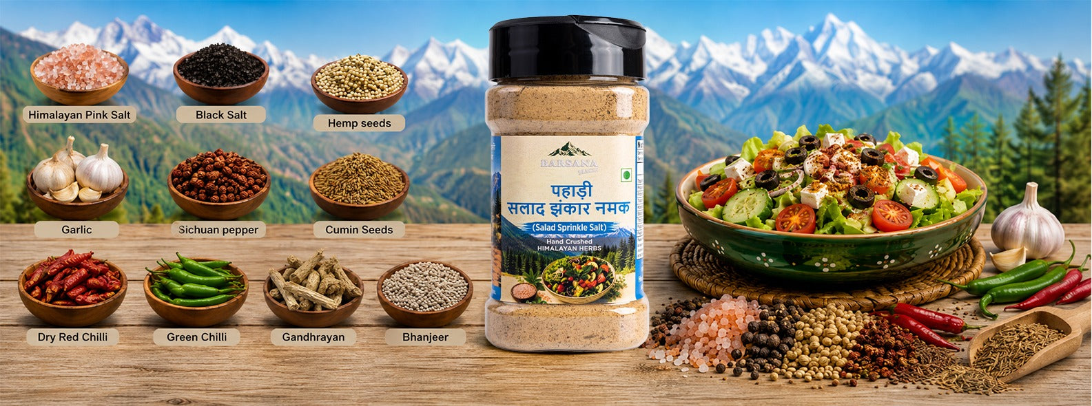 Barsana Magic and A jar of Punjabi Masala Chutney displayed on a wooden table with a mountain backdrop, surrounded by labeled ingredient piles including garlic, onions, spices, and a prepared salad bowl.