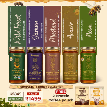 Barsana Magic and Collection of honey jars with labels and promotional text on a beige background
