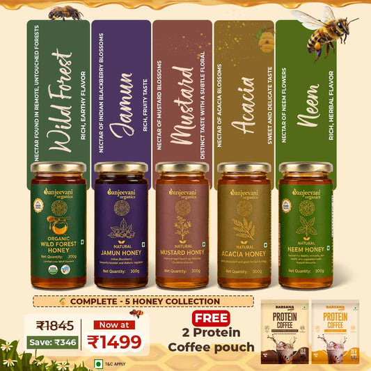 Barsana Magic and Collection of honey jars with labels and promotional text on a beige background