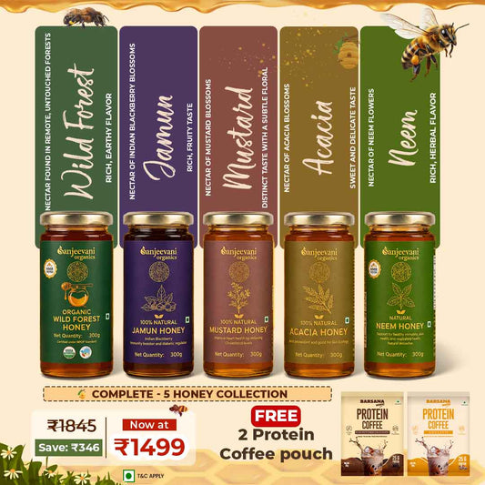 Barsana Magic and Collection of honey jars with labels and promotional text on a beige background