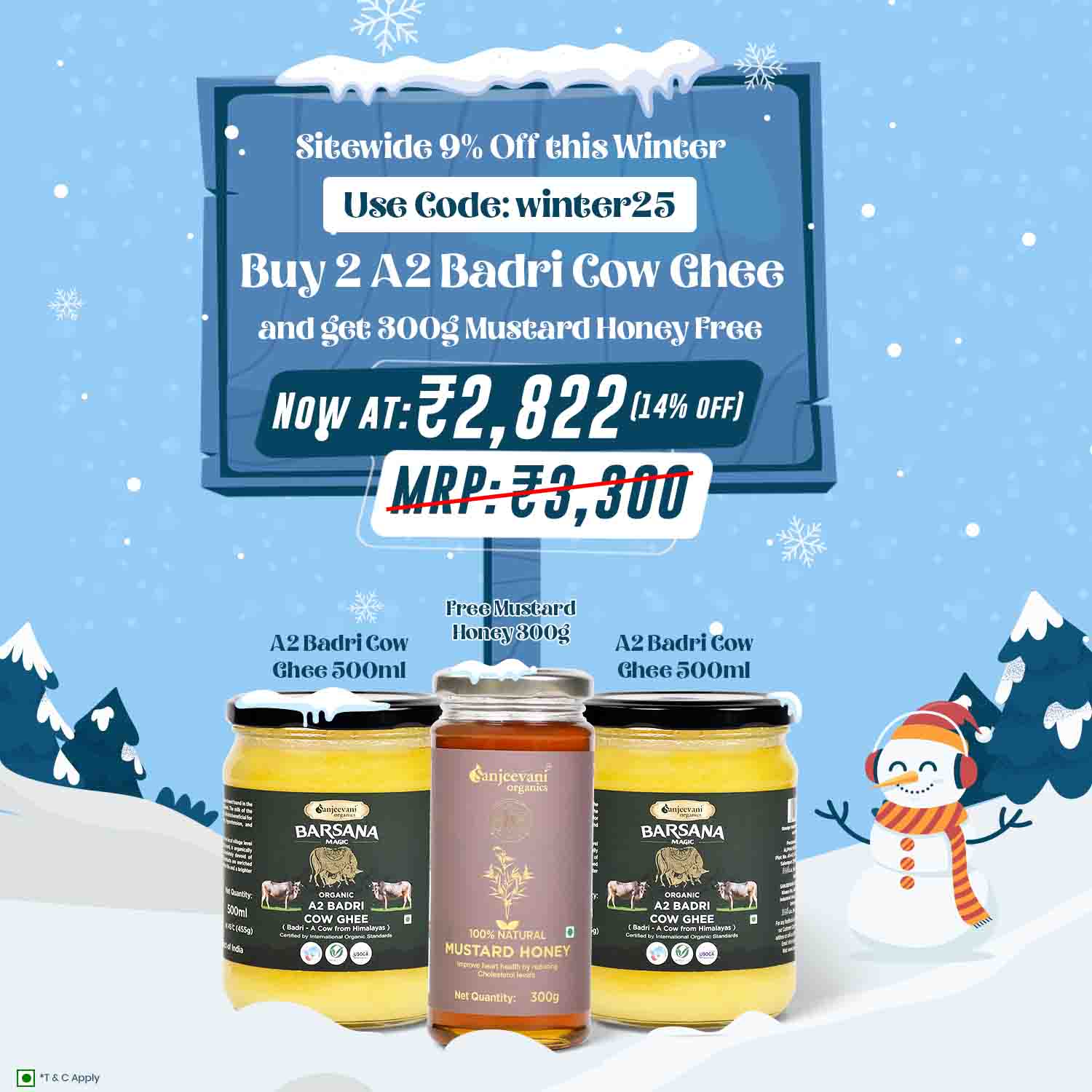 Barsana Magic and Promotional advertisement for A2 Badri Cow Ghee and mustard honey with a winter-themed background.
