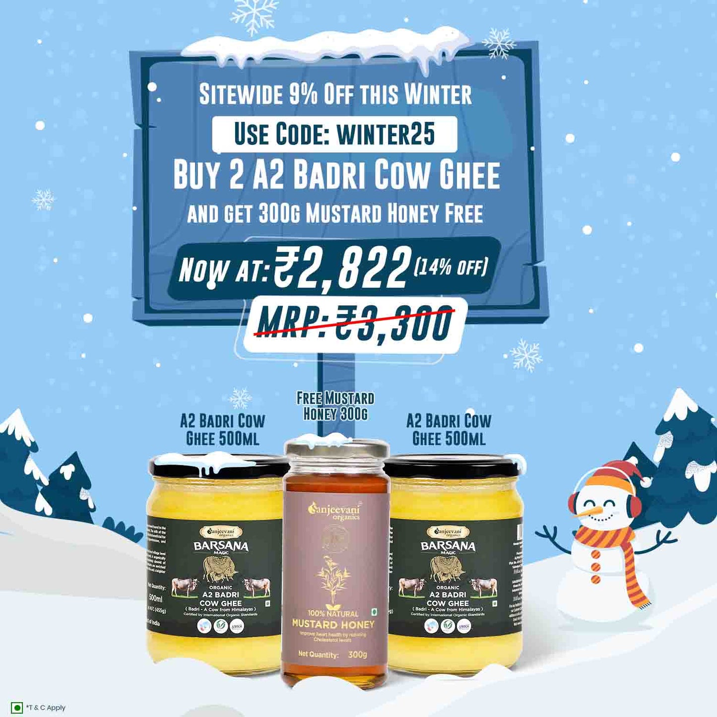 Barsana Magic and Promotional image of A2 Badri Cow Ghee and Mustard Honey with a winter sale offer on a snowy background.