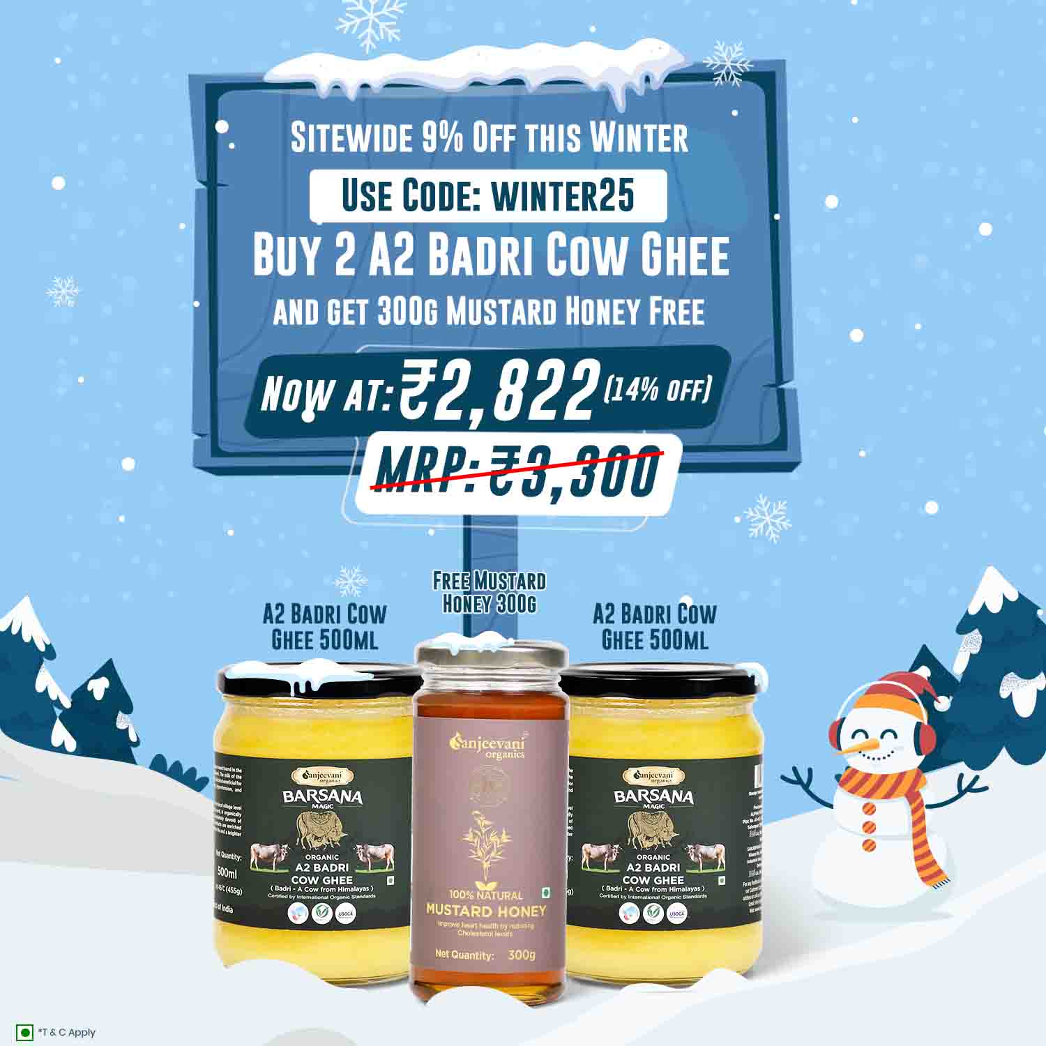 Barsana Magic and Promotional image of A2 Badri Cow Ghee and Mustard Honey with a winter sale offer on a snowy background.