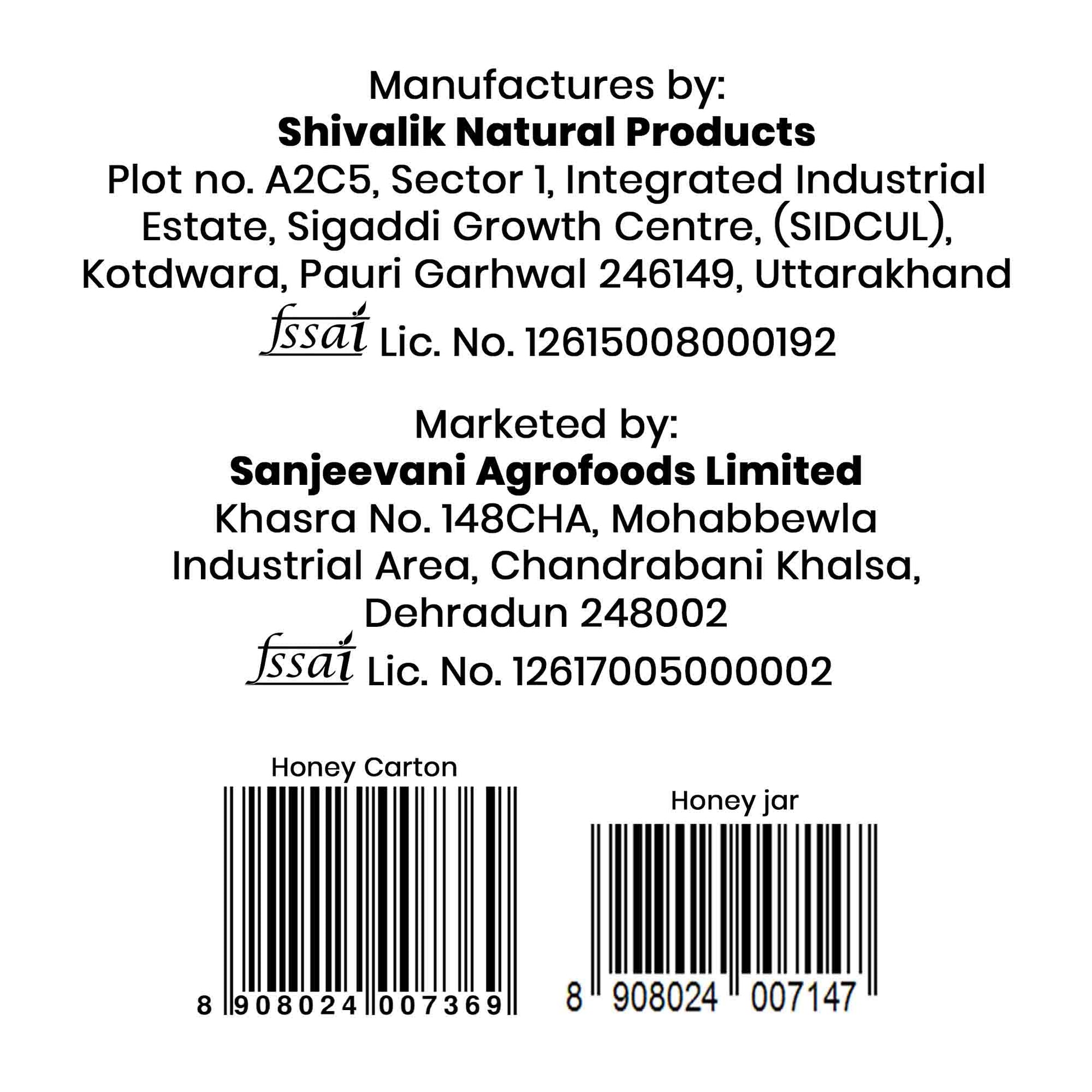 Barsana Magic and Back label of honey carton or jar with Shivalik Natural Products and Sanjeevani Agrofoods Limited information.