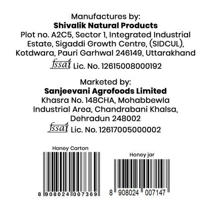 Barsana Magic and Back label of honey carton or jar with Shivalik Natural Products and Sanjeevani Agrofoods Limited information.
