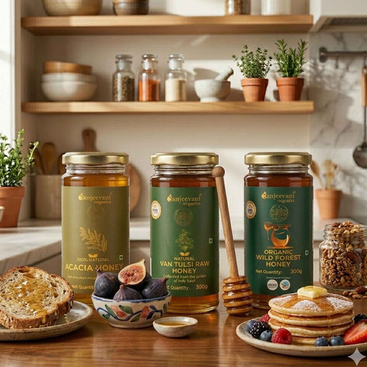 Barsana Magic and Three jars of Sanjeevani honey on a kitchen counter with toast, figs, and pancakes.