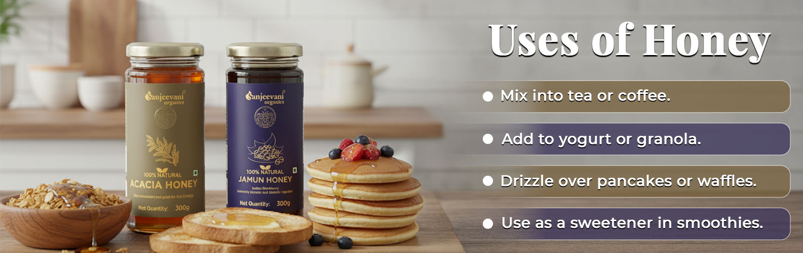 Barsana Magic and Two jars of honey, a stack of pancakes, and a bowl of berries on a wooden surface with text about honey uses.