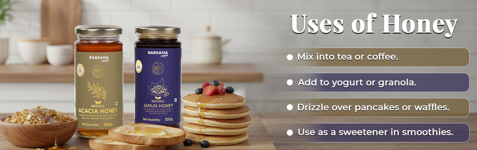 Barsana Magic and Honey jars and pancakes with text on uses of honey