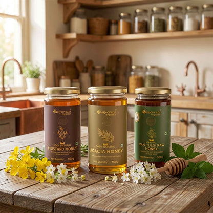 Barsana Magic and pack of three honey mustard, acacia and van tulsi raw honey