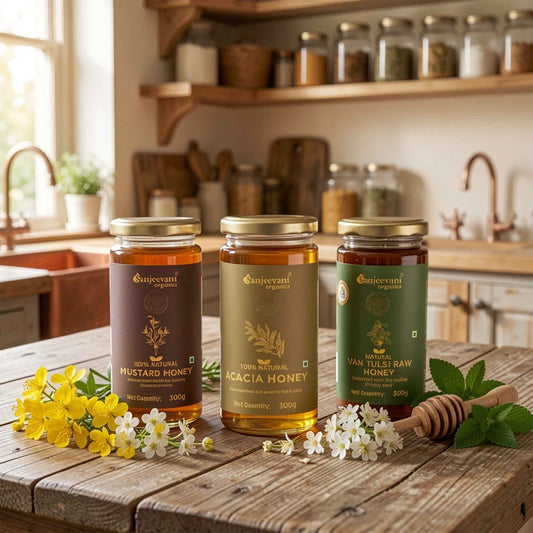 Barsana Magic and pack of three honey mustard, acacia and van tulsi raw honey