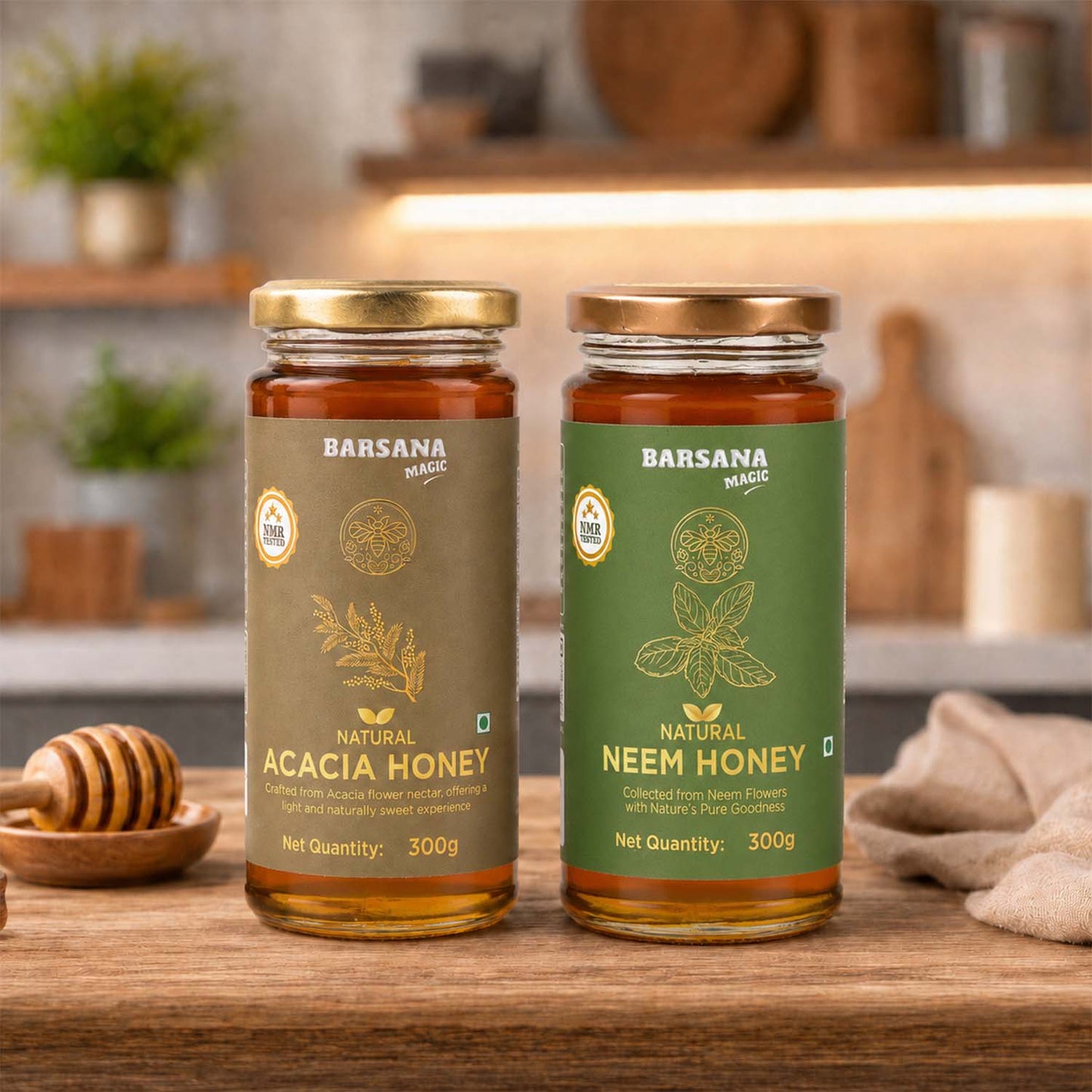 Natural Neem Honey and Acacia Honey (Pack of 2) - Get Free 5 Sachets & Honey Stick