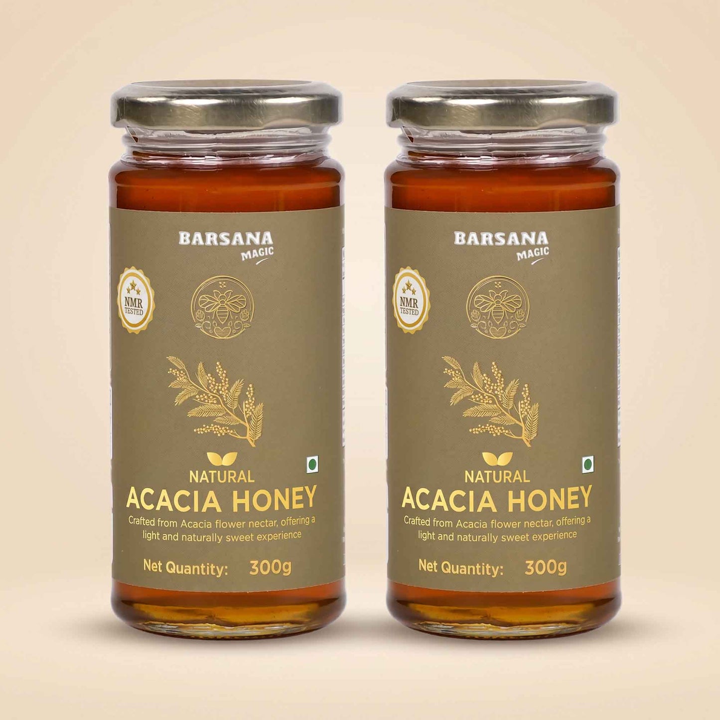 Barsana Magic and Two jars of Barsana Magic Natural Acacia Honey, 300g each, displayed side-by-side on a light beige background.