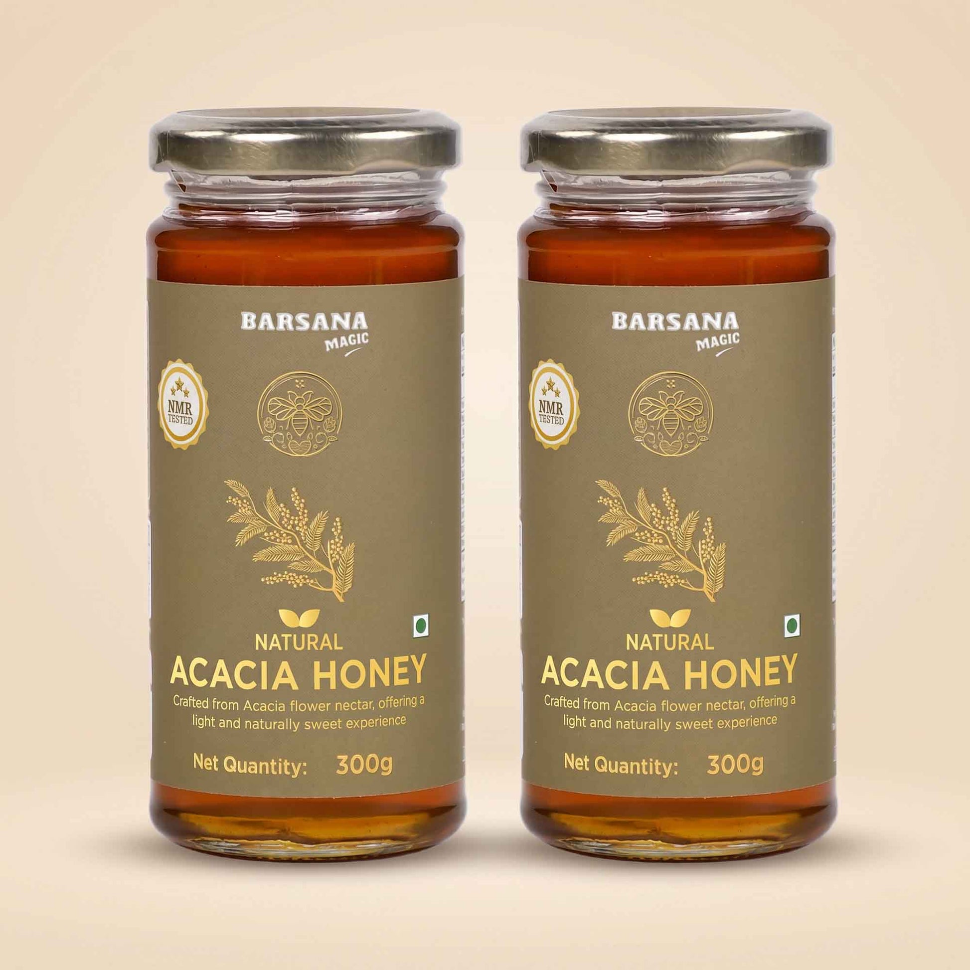 Barsana Magic and Two jars of Barsana Magic Natural Acacia Honey, 300g each, displayed side-by-side on a light beige background.