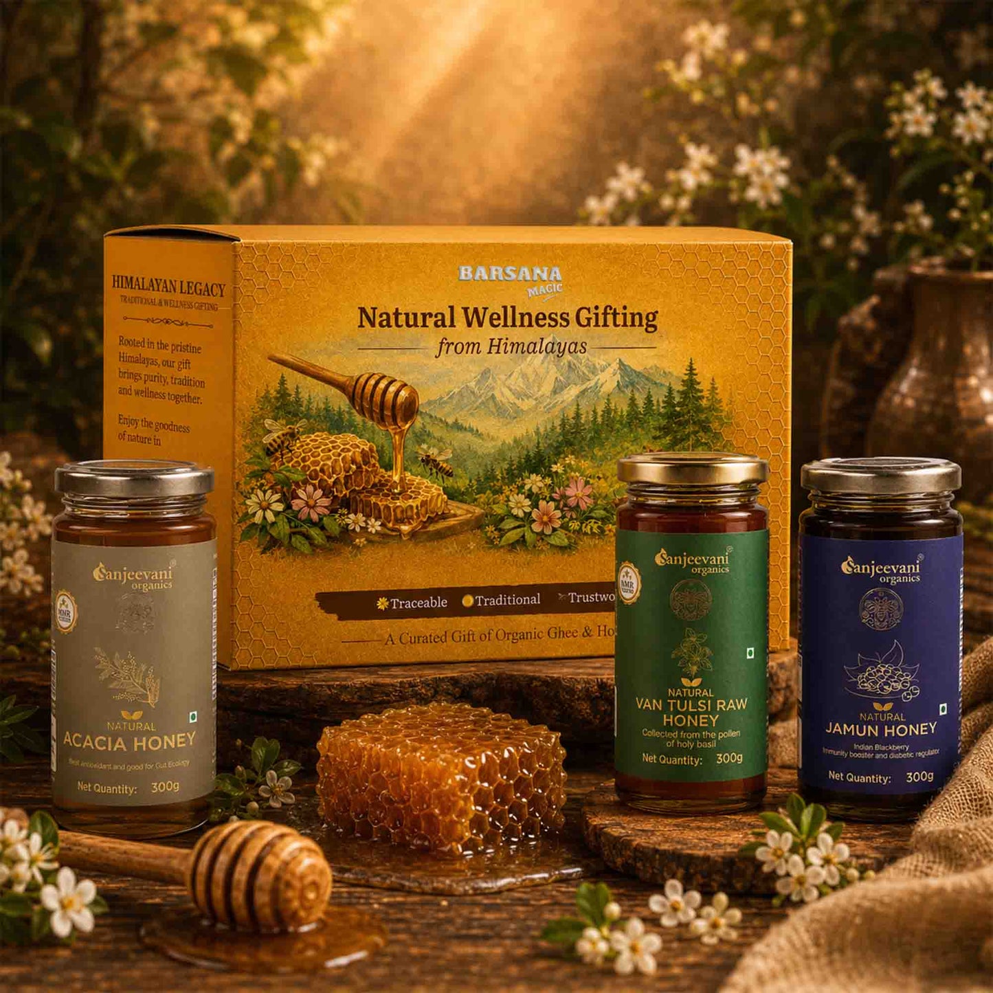 Barsana Magic and honey packaging with honeycomb and honey sticks on a wooden surface with nature-themed background