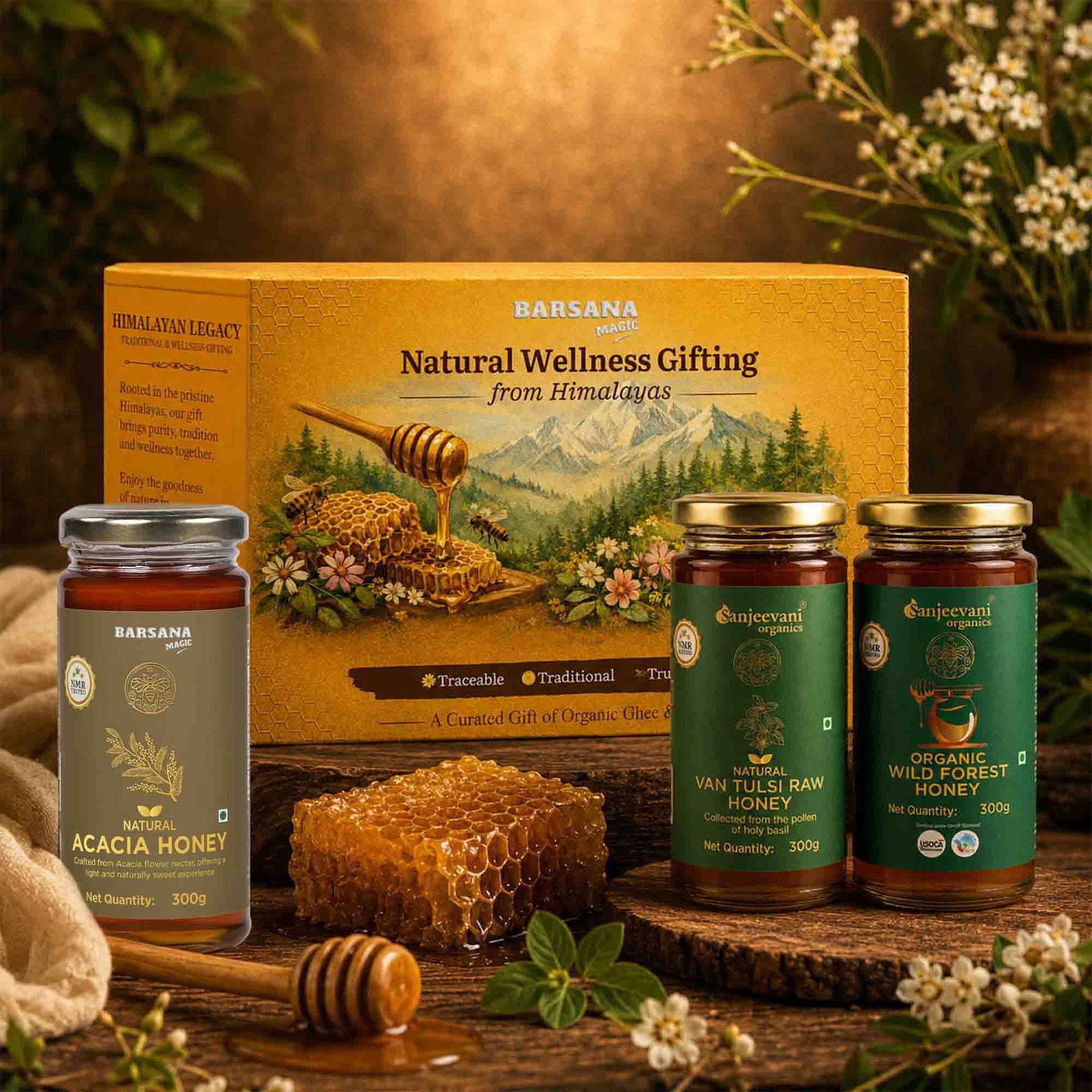 Barsana Magic and Honey products with a 'Barsana' branded box on a wooden surface with natural elements.