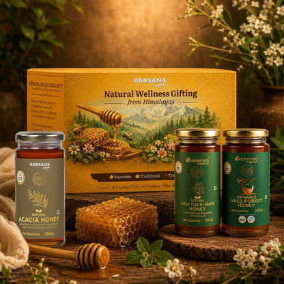 Barsana Magic and Honey products with a 'Barsana' branded box on a wooden surface with natural elements.