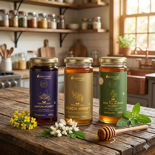Barsana Magic and pack of 3 honey with jamun, Acacia and Van tulsi raw honey