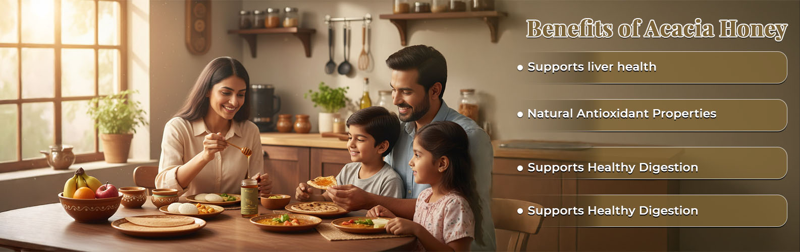 Barsana Magic and Family of four enjoying a meal together in a kitchen with text about the benefits of acacia honey.