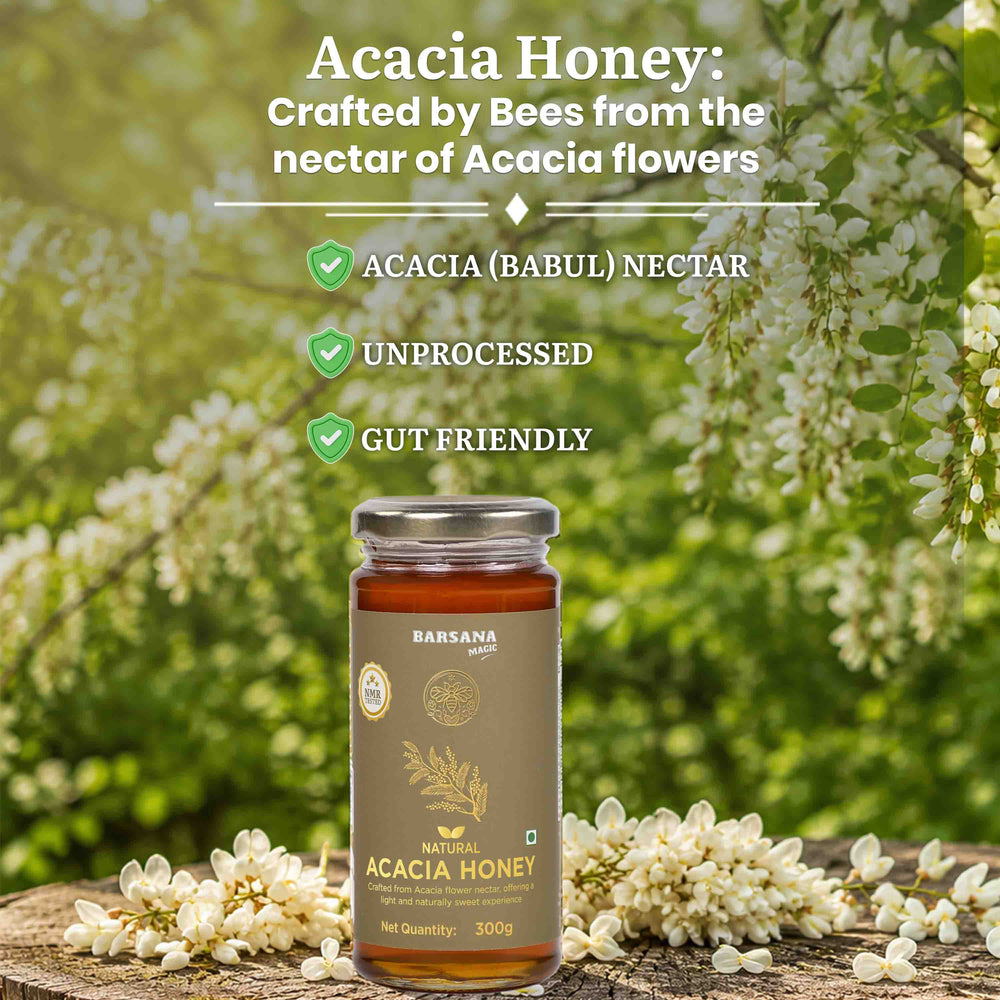 Barsana Magic and Jar of Acacia honey with acacia flowers on a natural background