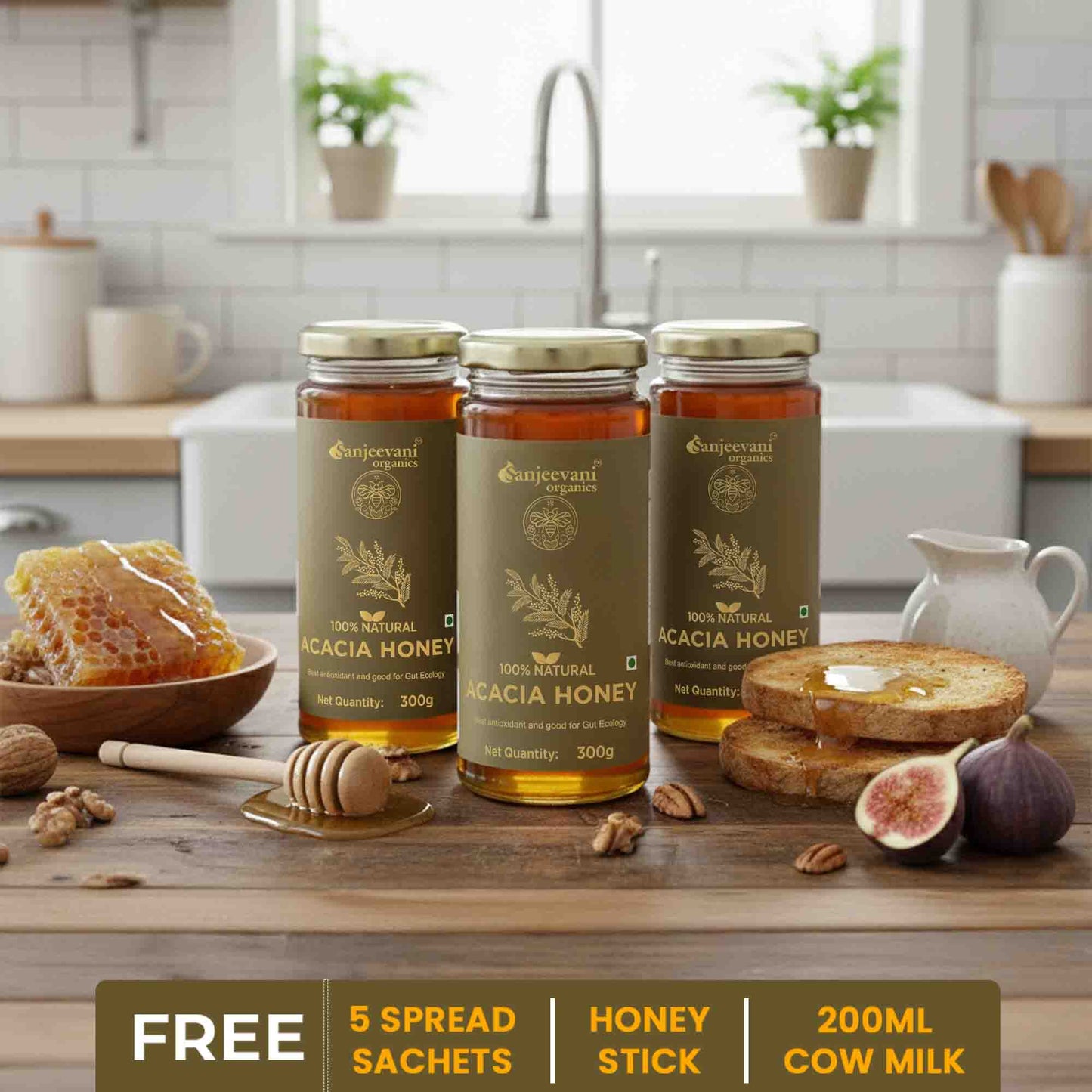 Barsana Magic and  Three jars of honey on a kitchen counter with honeycomb and figs.