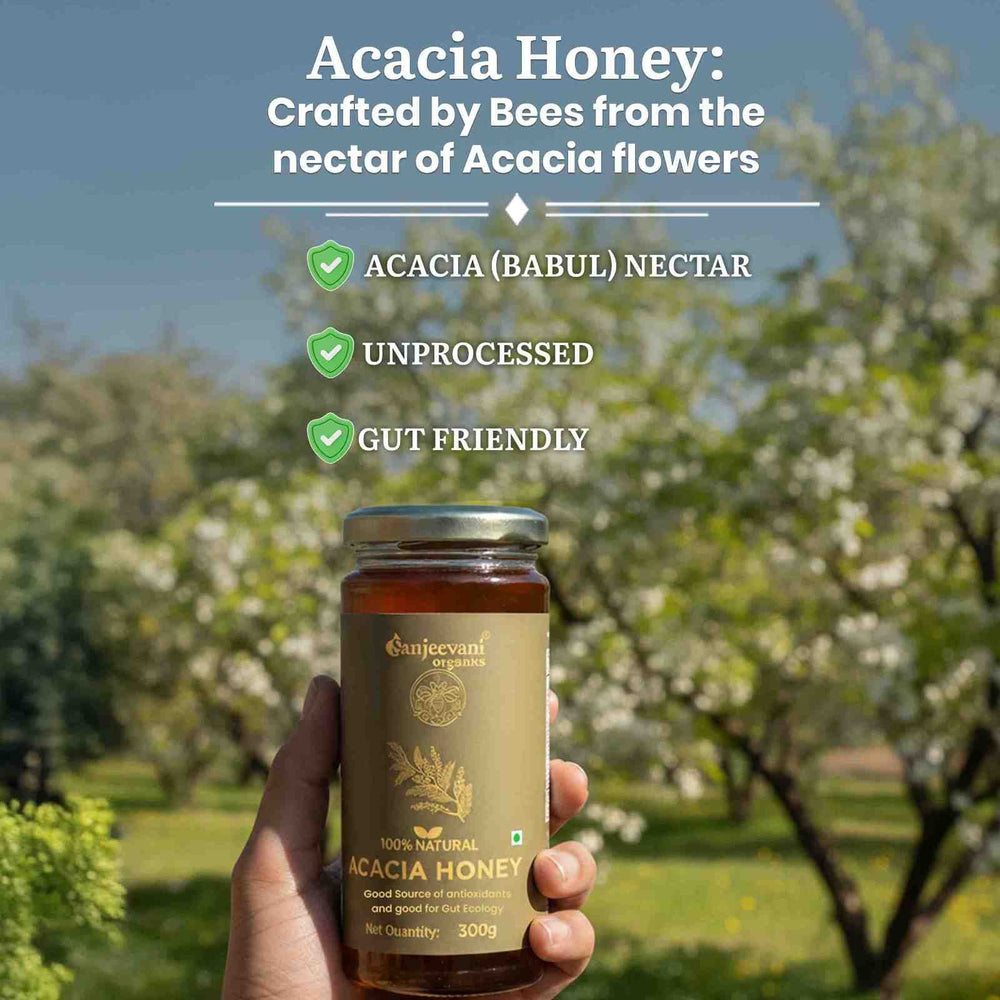 Barsana Magic and Hand holding a jar of Acacia honey with a background of trees and flowers, and text highlighting the honey's features.