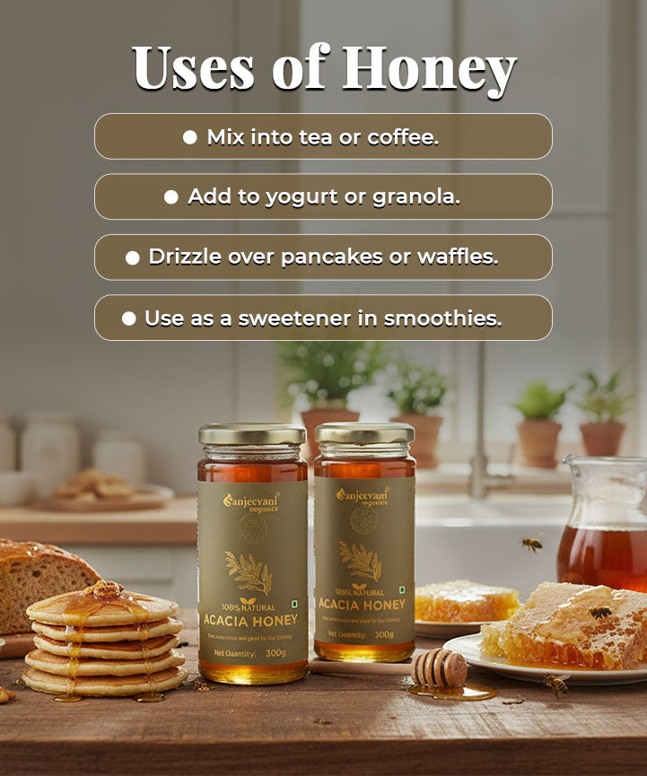 Barsana Magic and Two jars of honey on a table with text on uses of honey and a kitchen background.