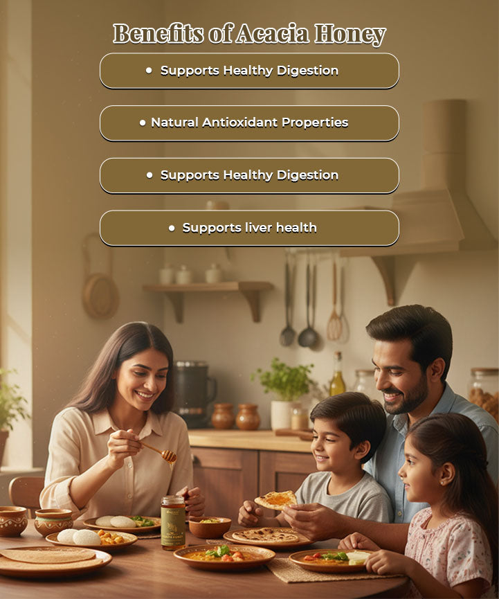 Barsana Magic and Family enjoying a meal together with text about the benefits of Acacia honey.