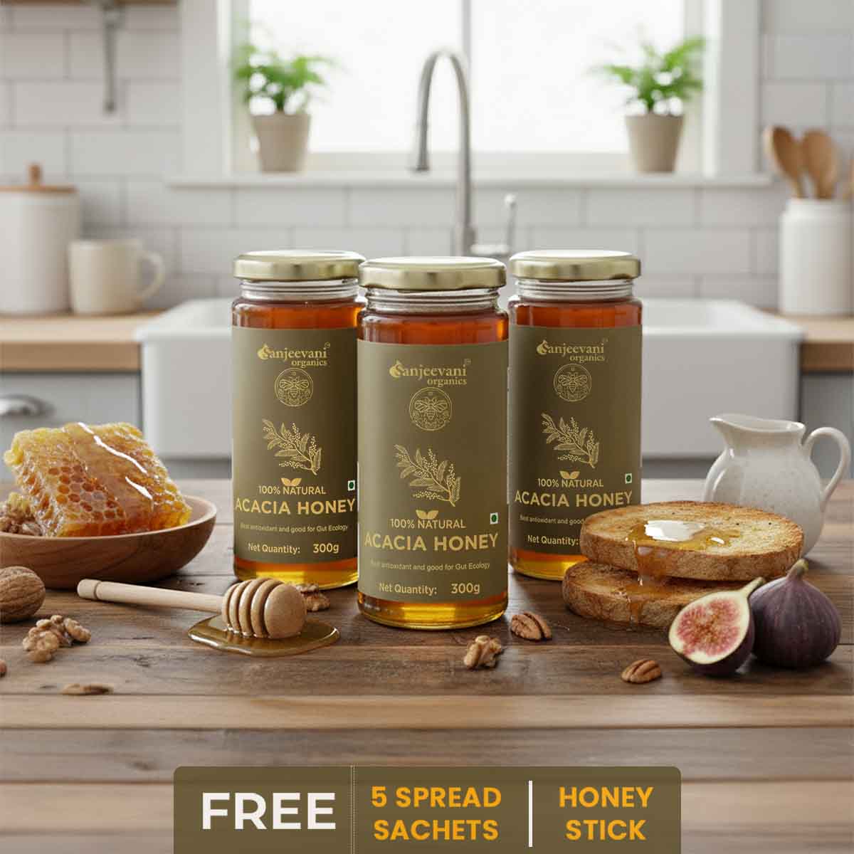 Barsana Magic and Three jars of Acacia honey on a kitchen counter with honeycomb and figs.