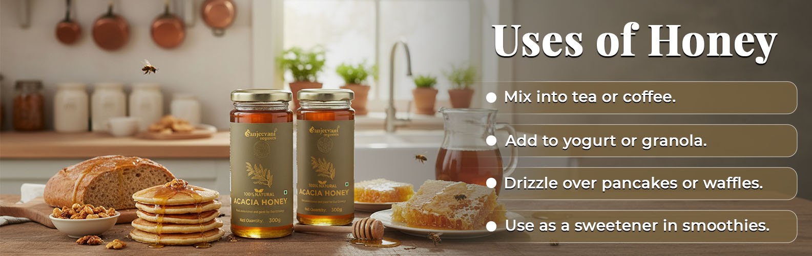 Barsana Magic and Honey jars on a kitchen counter with text on uses of honey.
