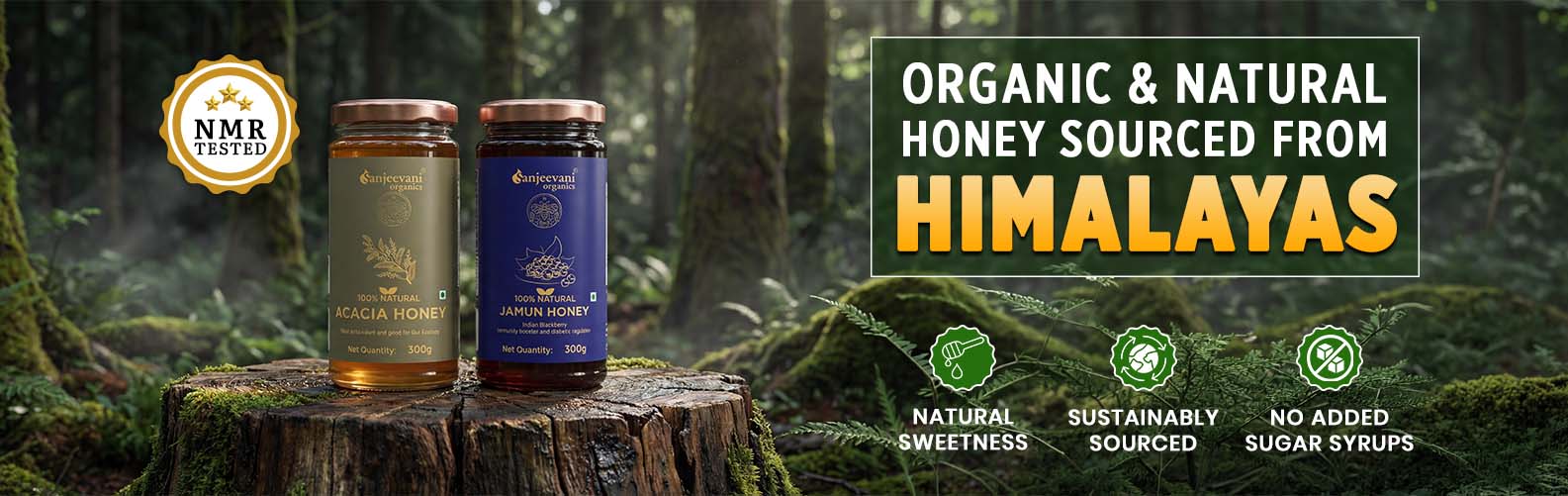 Two honey jars on a tree stump with a forest background and text about organic and natural honey from the Himalayas.