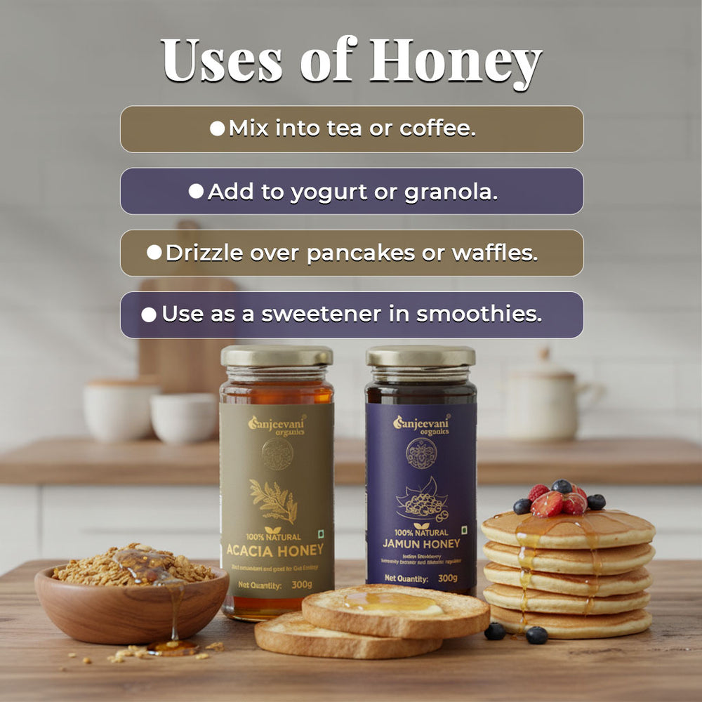 Barsana Magic and Two honey jars with a stack of pancakes and berries on a wooden table, with text listing uses of honey.