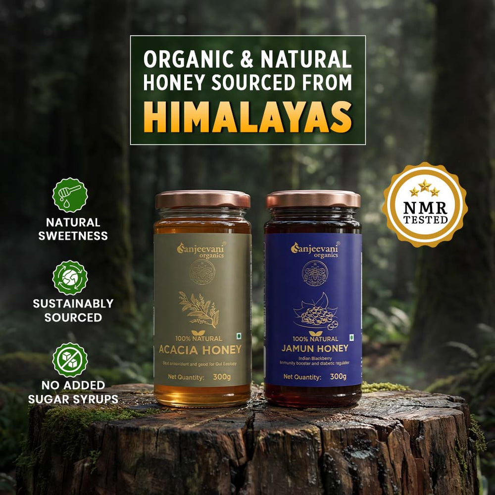 Barsana Magic and Two jars of honey on a wooden stump with text highlighting organic and natural qualities, sourced from the Himalayas.