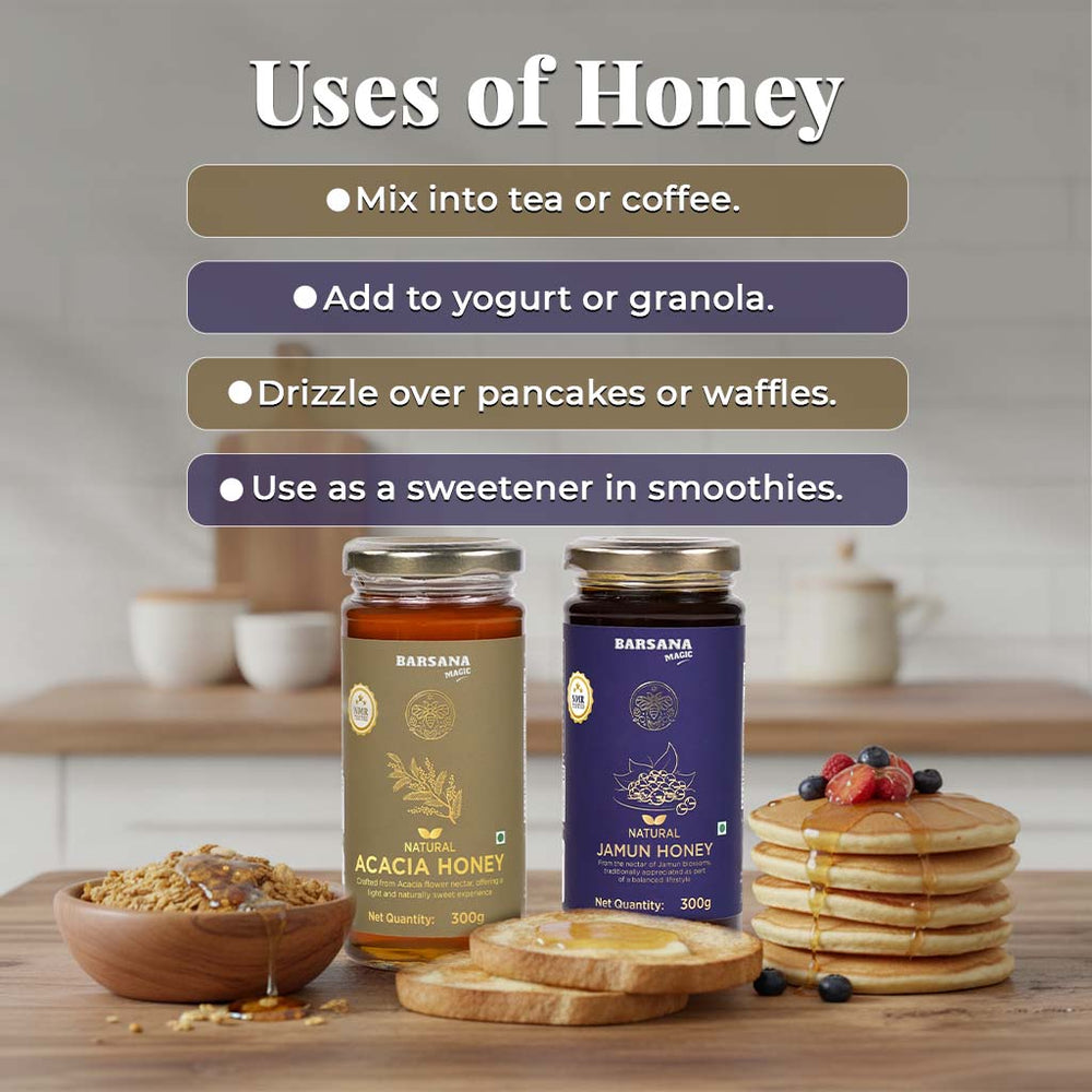 Barsana Magic and Two jars of honey with a stack of pancakes and a bowl of granola on a wooden table.
