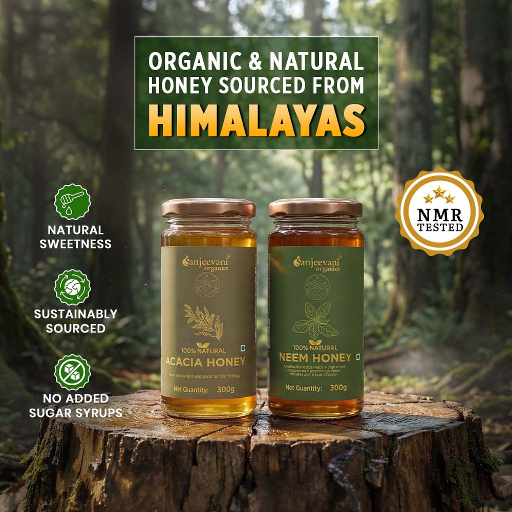 Barsana Magic and Two jars of honey on a wooden stump with a forest background and branding elements.