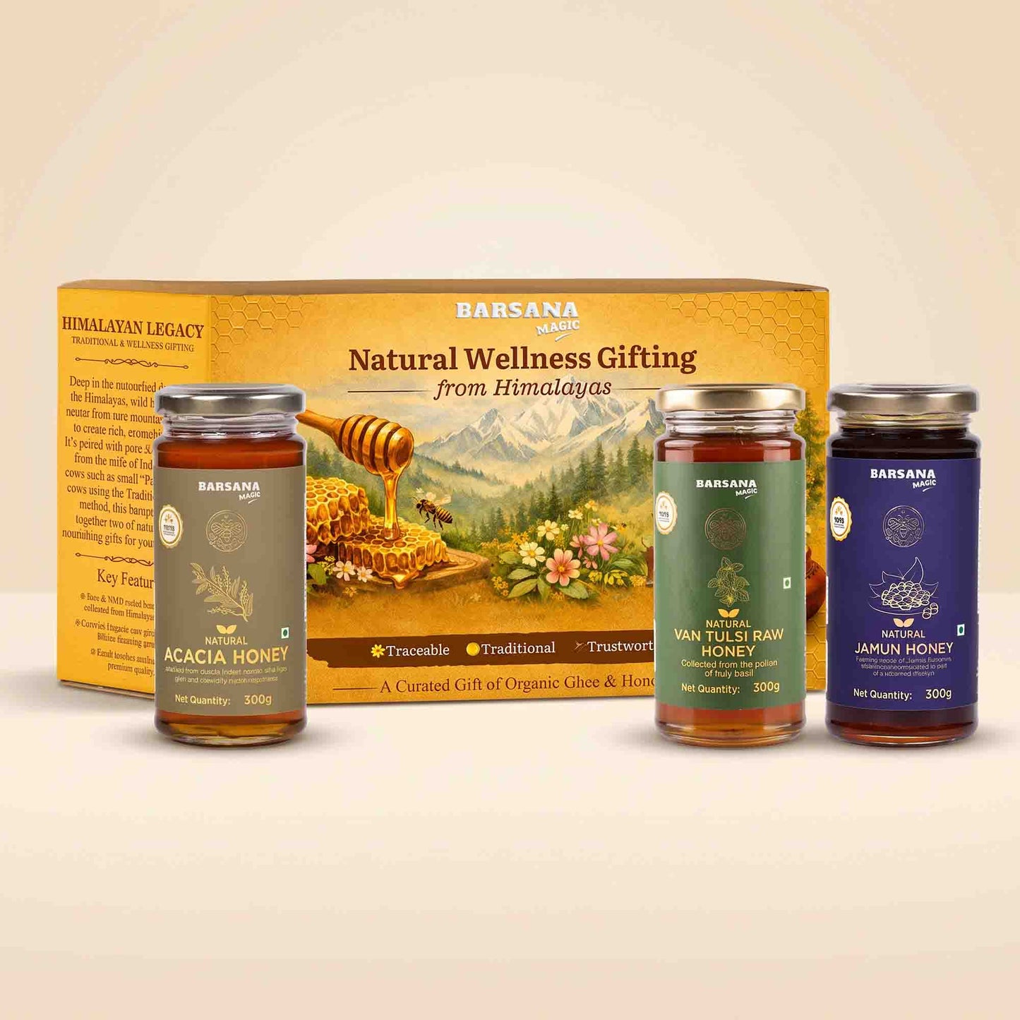 Barsana Magic and natural wellness gift set featuring three honey jars in front of their illustrated packaging box. The set includes Acacia Honey, Van Tules Raw Honey, and Jamun Honey, displayed on a light beige background.