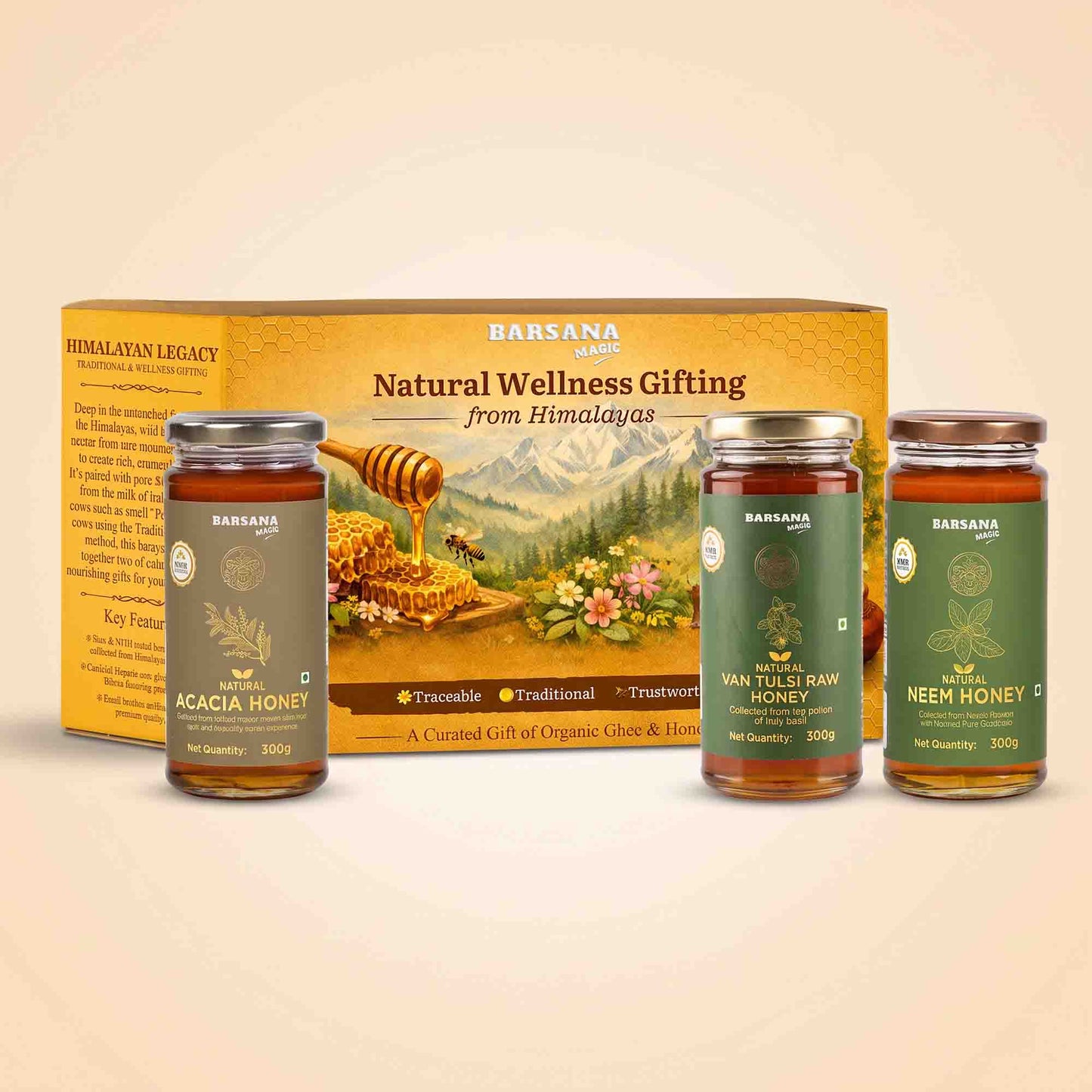 Barsana Magic and Wellness gift set featuring three glass jars of honey (Acacia Honey, Van Tules Raw Honey, and Neem Honey) arranged in front of their yellow cardboard packaging box on a light beige background.