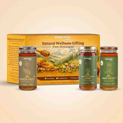 Barsana Magic and Wellness gift set featuring three glass jars of honey (Acacia Honey, Van Tules Raw Honey, and Neem Honey) arranged in front of their yellow cardboard packaging box on a light beige background.