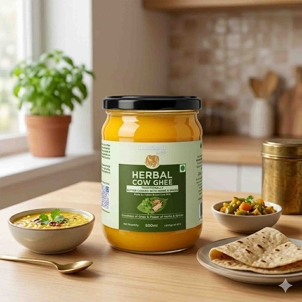 Barsana Magic and Jar of Herbal Cow Ghee on a kitchen counter with food items and a plant in the background