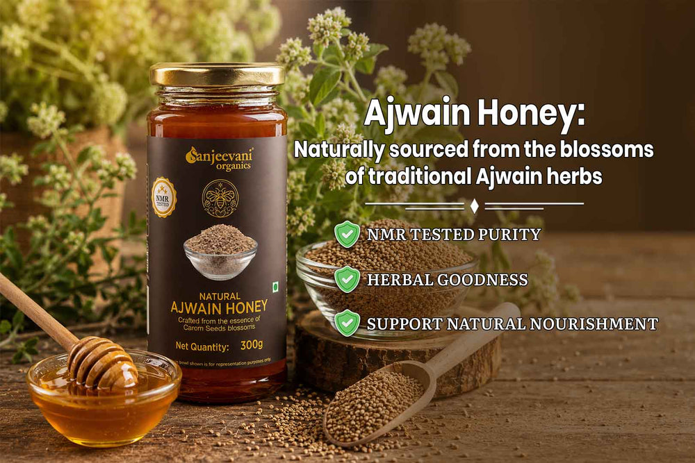 Barsana Magic and  Jar of Ajwain honey with honeycomb, flowers, and a spoon on a wooden surface.